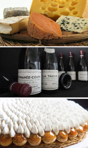 Fromages, vins et pâtisseries